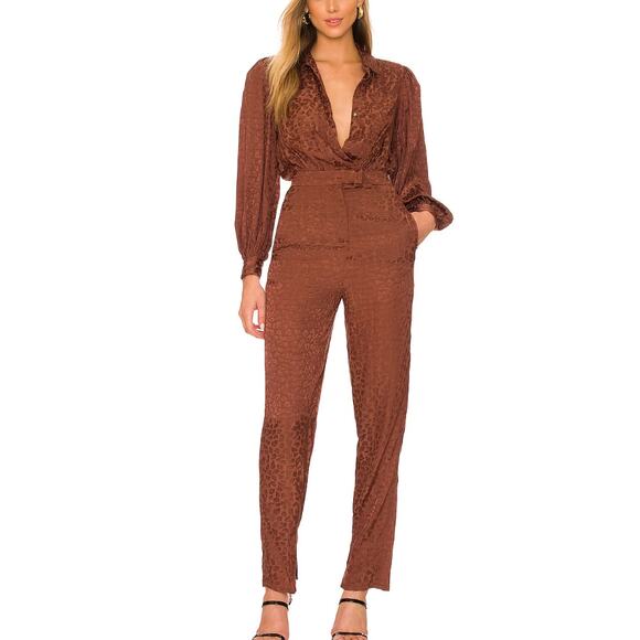 Lovers + Friends Cheyann Satin Jumpsuit Brown SMALL Wrap Split Hem Leopard NEW - Picture 1 of 9